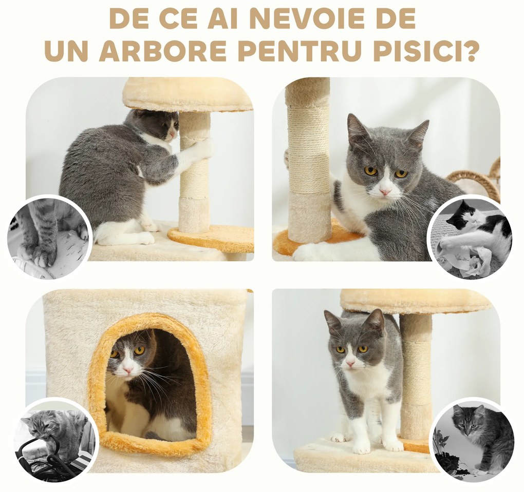 PawHut Arborele pentru Pisici cu Crenguță și Căsuță 40x30x72 cm Bej și Galben | Aosom Romania