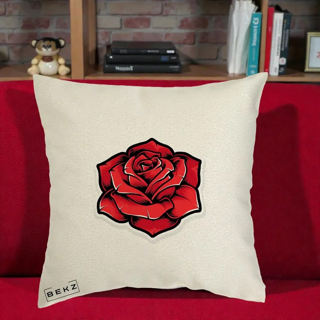 Perna Decorativa Trandafir Rosu Tattoo, 40x40 cm, Ecru, Husa Detasabila, Perna Inclusa, BEKZ®