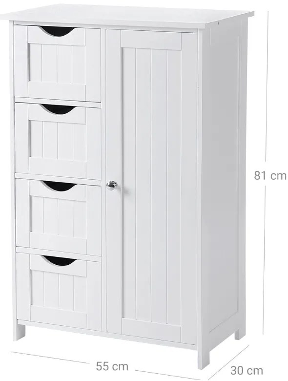 Dulap pentru baie cu 4 sertare și poliță PAULA, 55x30x81cm, alb Vasagle
