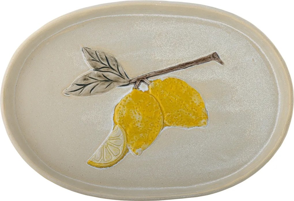 Platou oval din ceramică natur cu lămâi sculptate în relief, 36×25×3 cm, "Hadden"