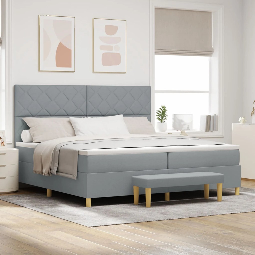 vidaXL Pat cu arcuri cu saltea și bancă gri deschis 200x200 cm țesătură