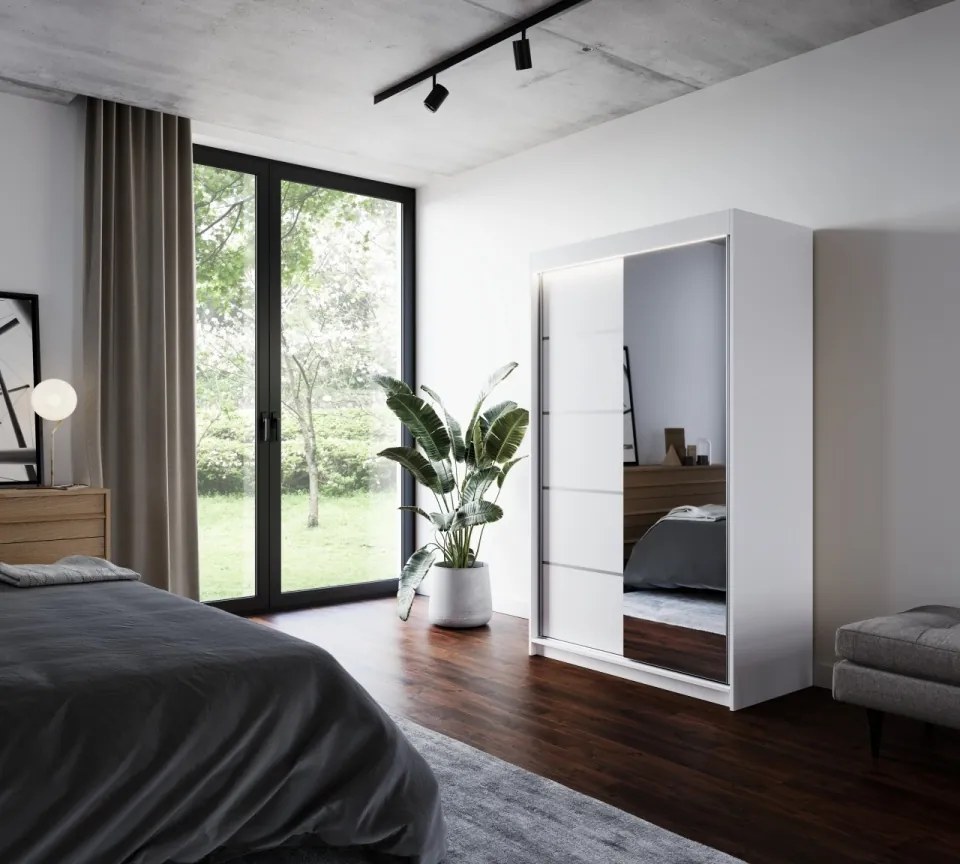 Dulap cu usi glisante si oglinda + iluminare LED, Nicea 120 + LED, 120 cmx200 cmx58 cm, ADRK Furniture (Culoare: Alb / Sonoma)