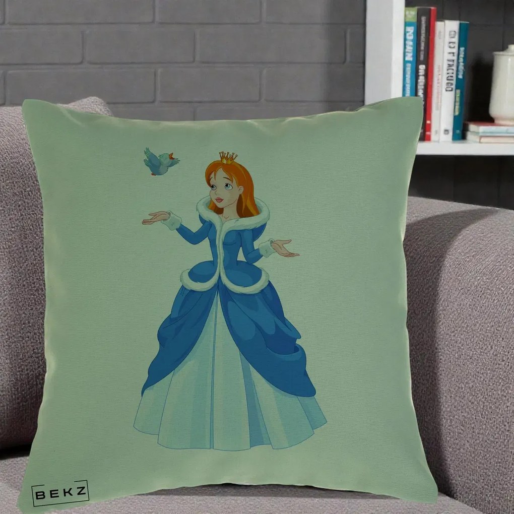 Perna Personalizata Printesa Albastra cu Pasare, 40x40 cm, Verde, Husa Detasabila, Perna Inclusa, BEKZ®