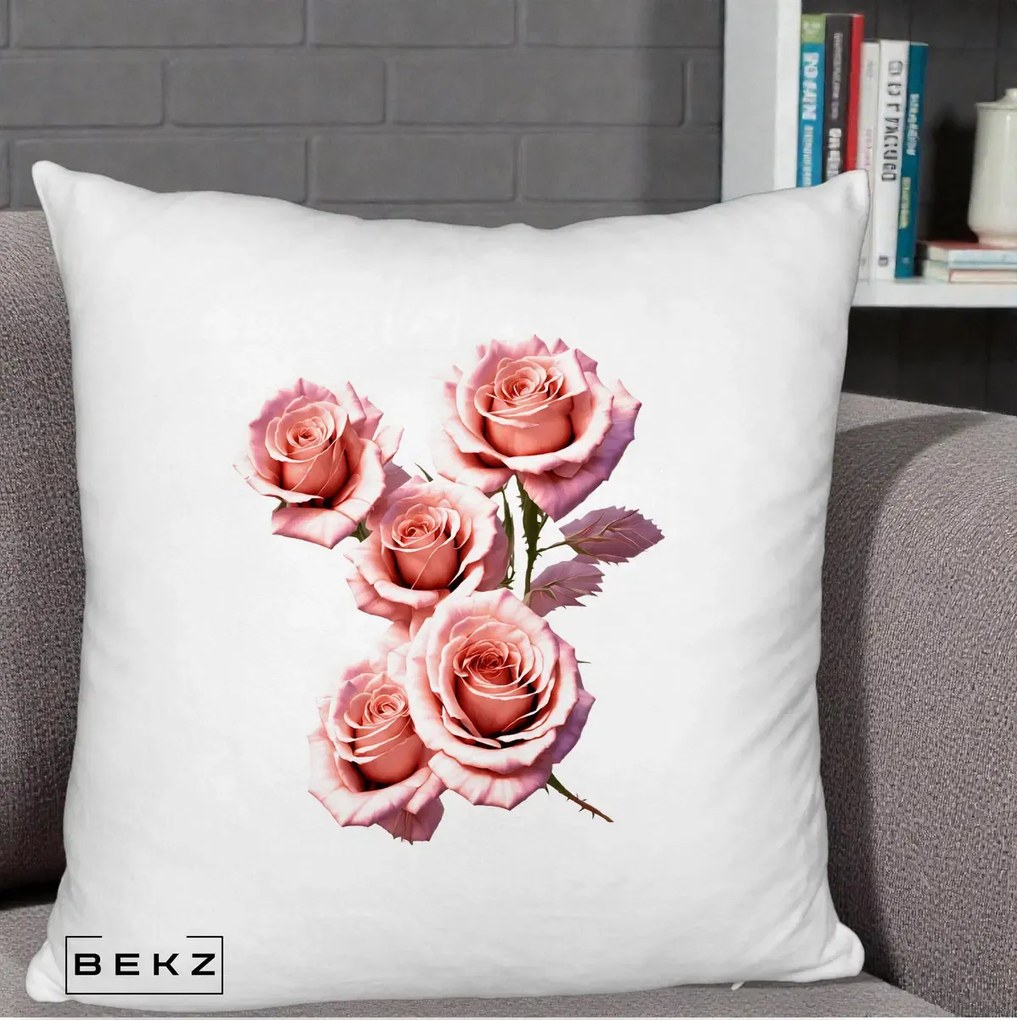 Perna Decorativa Trandafiri Roz Pastel Acuarela, 40x40 cm, Alb Pufos, Husa Detasabila, Perna Inclusa, BEKZ®
