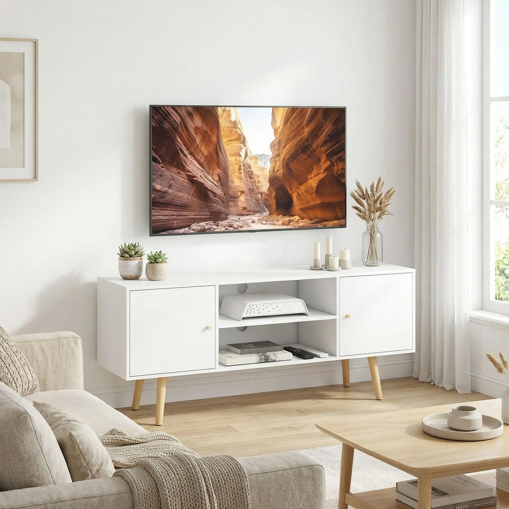 HOMCOM Cabinet TV 55" cu 2 Dulapuri, Uși și 2 Rafturi Deschise, Consolă TV din Lemn și PAL, 120x34x50 cm, Alb | Aosom Romania