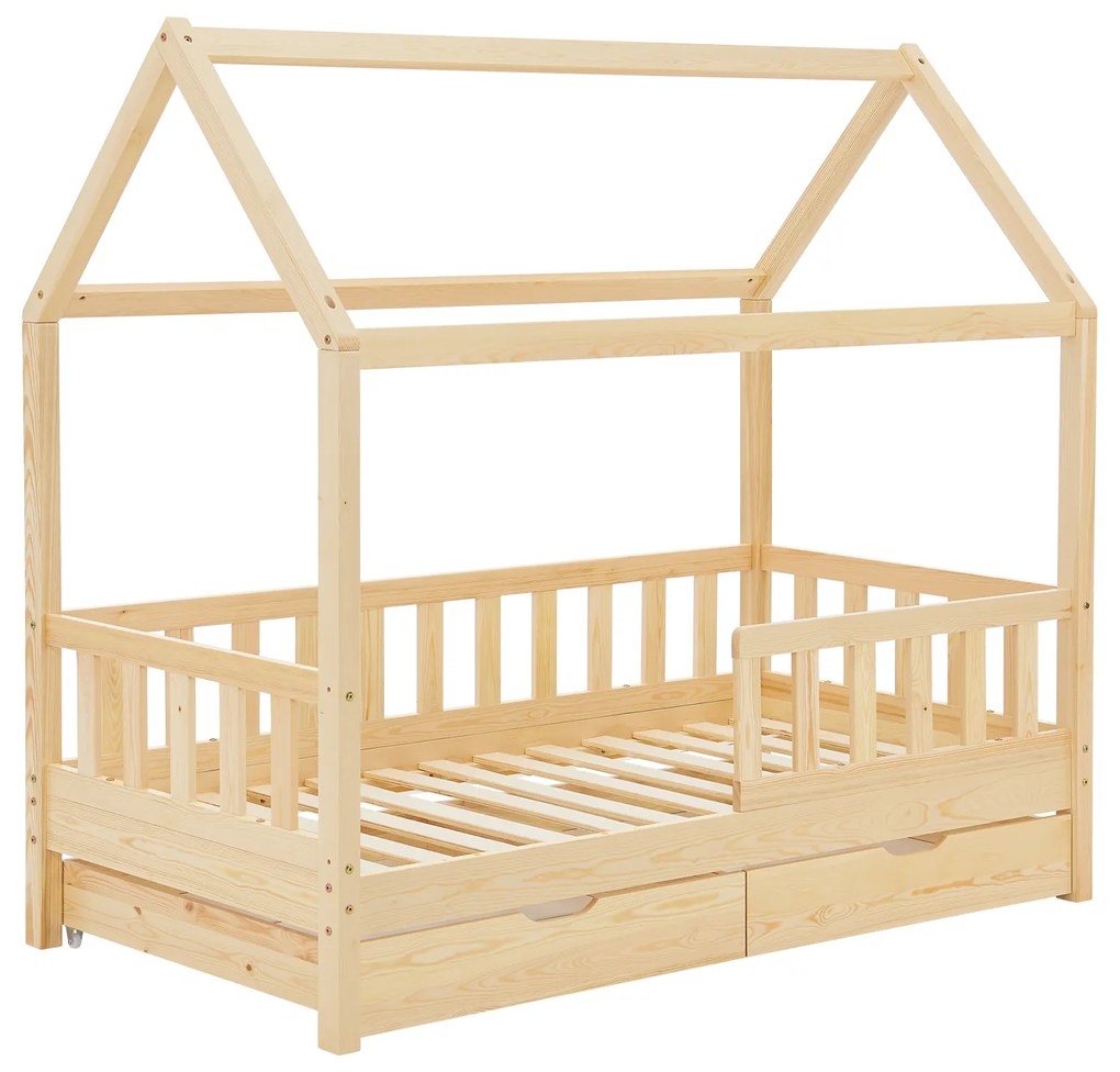Patut Marli 90 x 200 cm cu 2 sertare si grilaj sipci - natural