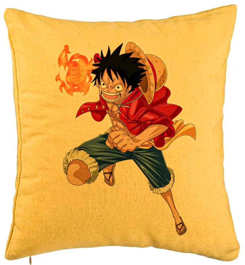 Perna Decorativa cu One Piece Luffy, 40x40 cm, Galben, Husa Detasabila, Burduf