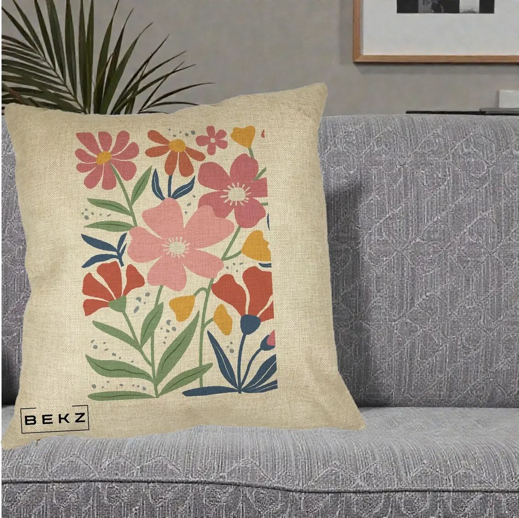 Perna Decorativa Flori Grafice Roz si Terracotta, 40x40 cm, Crem, Husa Detasabila, Perna Inclusa, BEKZ®