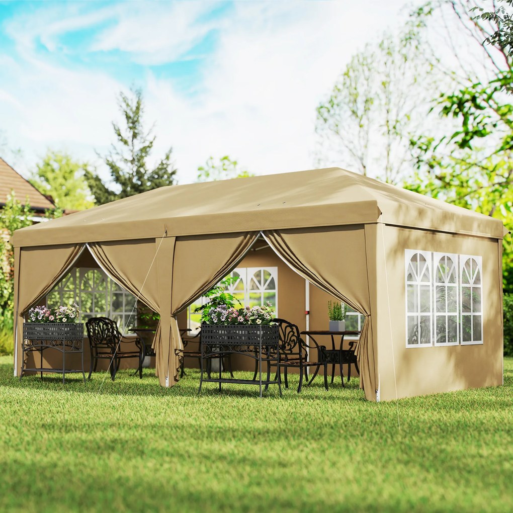 Outsunny Pavilion barnum pliant pop-up impermeabil 6 x 3 x 2,7 m 4 pereți laterali detașabili 4 ferestre husă de transport kaki | Aosom Romania