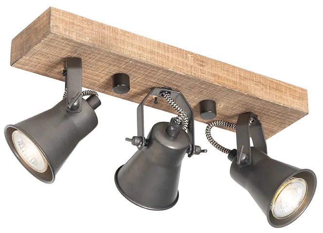 Spotlight rustic negru cu lemn 3 lumini reglabile - Jelle