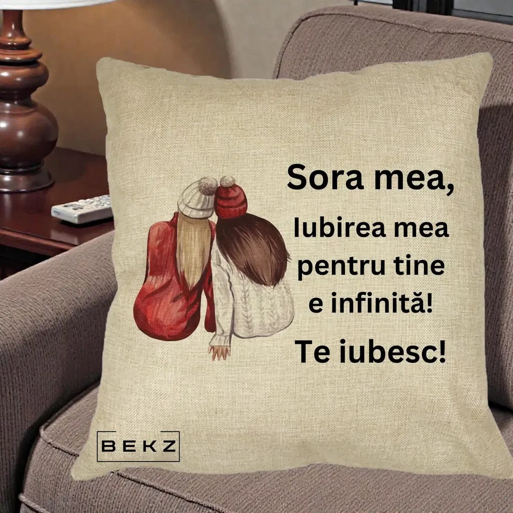 Cadou pentru Sora - Perna Personalizata Sora Mea Te Iubesc Doua Fete Iarna Acuarela, 40x40 cm, Crem, Husa Detasabila, Perna Inclusa, BEKZ®