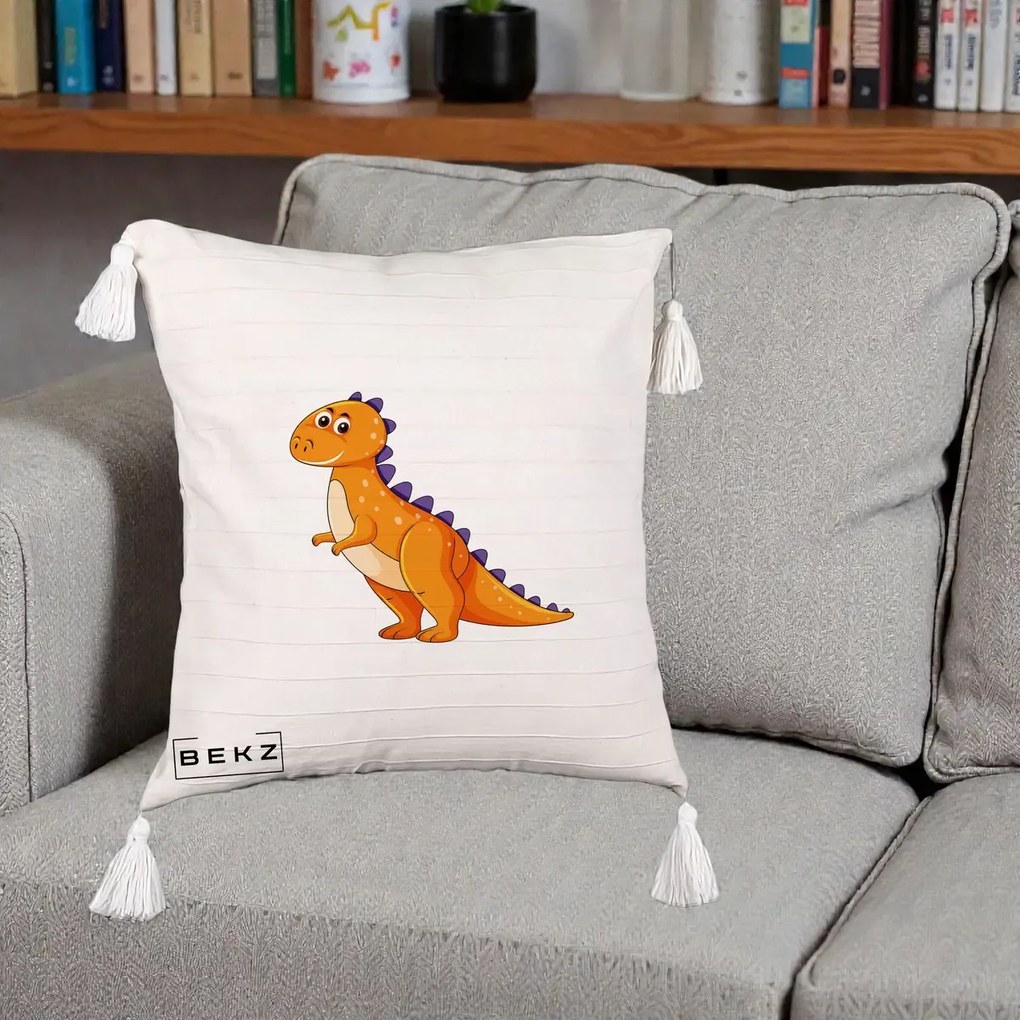 Perna Decorativa T-Rex Portocaliu, 40x40 cm, Bej cu Franjuri, Husa Detasabila, Perna Inclusa, BEKZ®