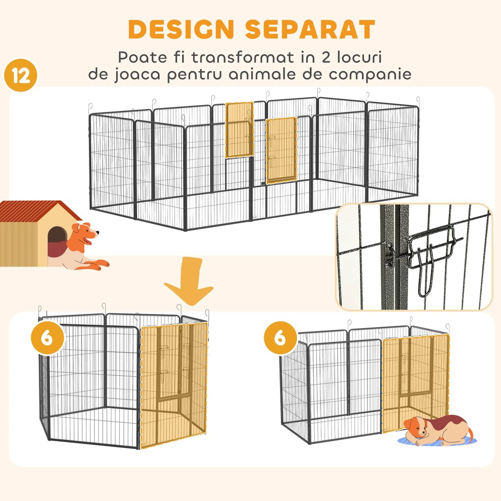 PawHut Gard pentru Câini, Incintă Modulară pentru Câini din 8 Secții pentru Interior și Exterior, 80x100 cm, Negru | Aosom Romania
