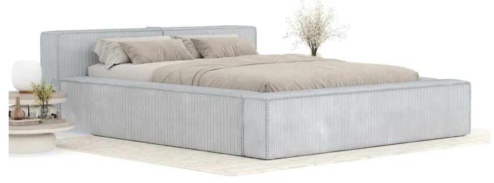 Pat matrimonial gri deschis tapițat cu spațiu de depozitare cu somieră 160x200 cm Voliera – Maison de Rêve