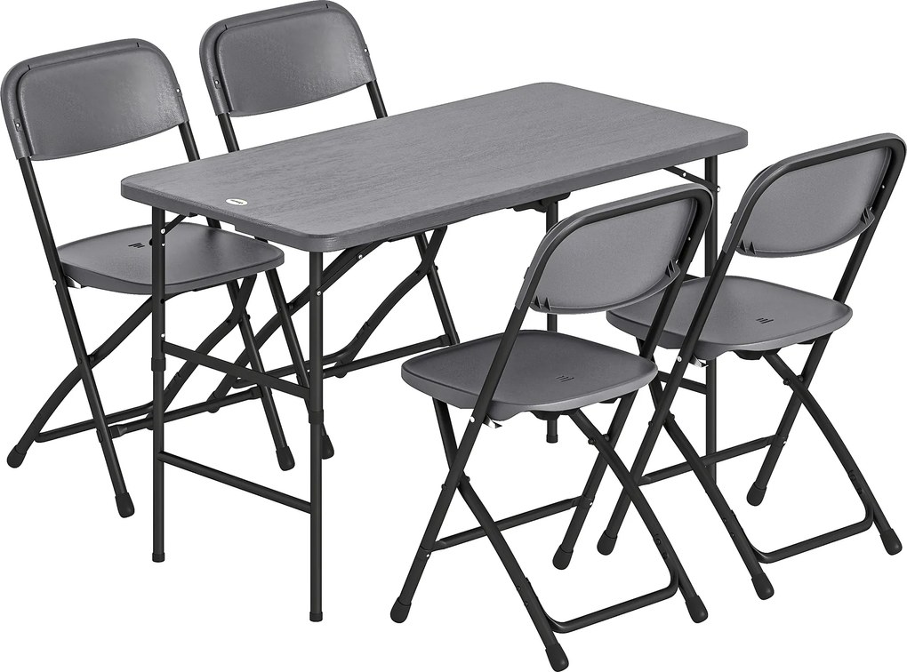 Outsunny Set Masă și Scaune Pliabile de Grădină, 5 Piese, Masă Reglabilă cu Blat HDPE Efect Lemn și 4 Scaune, Set Mobilier Exterior pentru Terasă și Balcon, Gri Închis | Aosom Romania