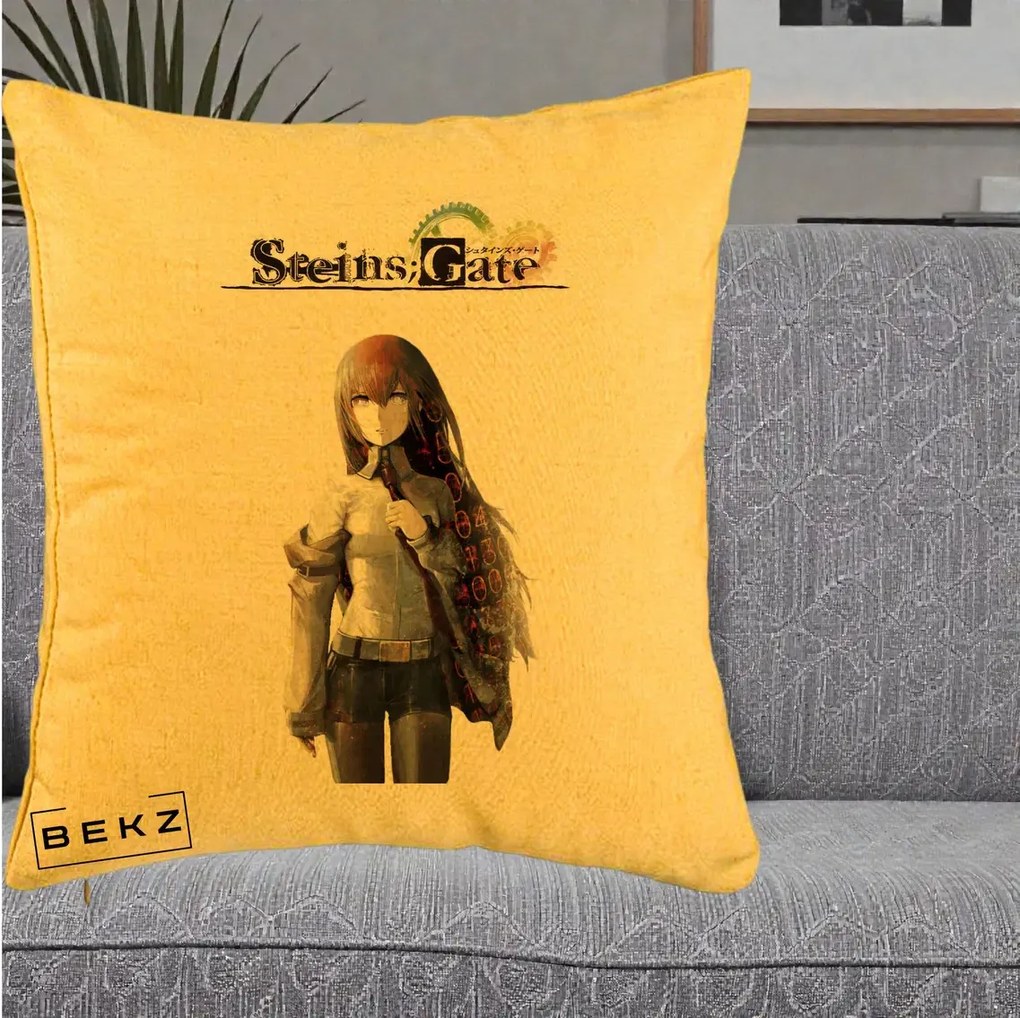 Perna Personalizata Steins Gate Kurisu Makise Anime, 40x40 cm, Galben, Husa Detasabila, Perna Inclusa, BEKZ®