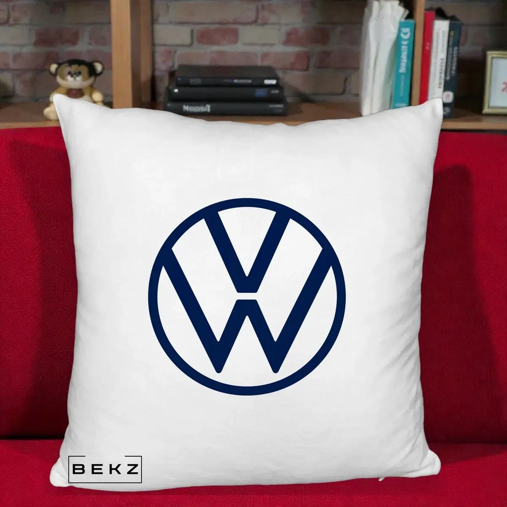 Perna Personalizata cu emblema Volkswagen, 40x40 cm, Alb Pufos, Husa Detasabila, Perna Inclusa, BEKZ®