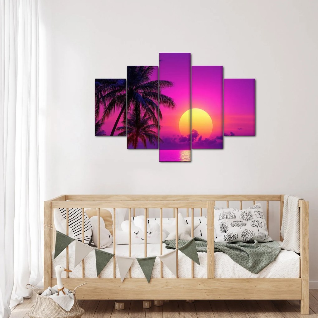 Tablou - Apus violet cu palmier (150x105 cm)