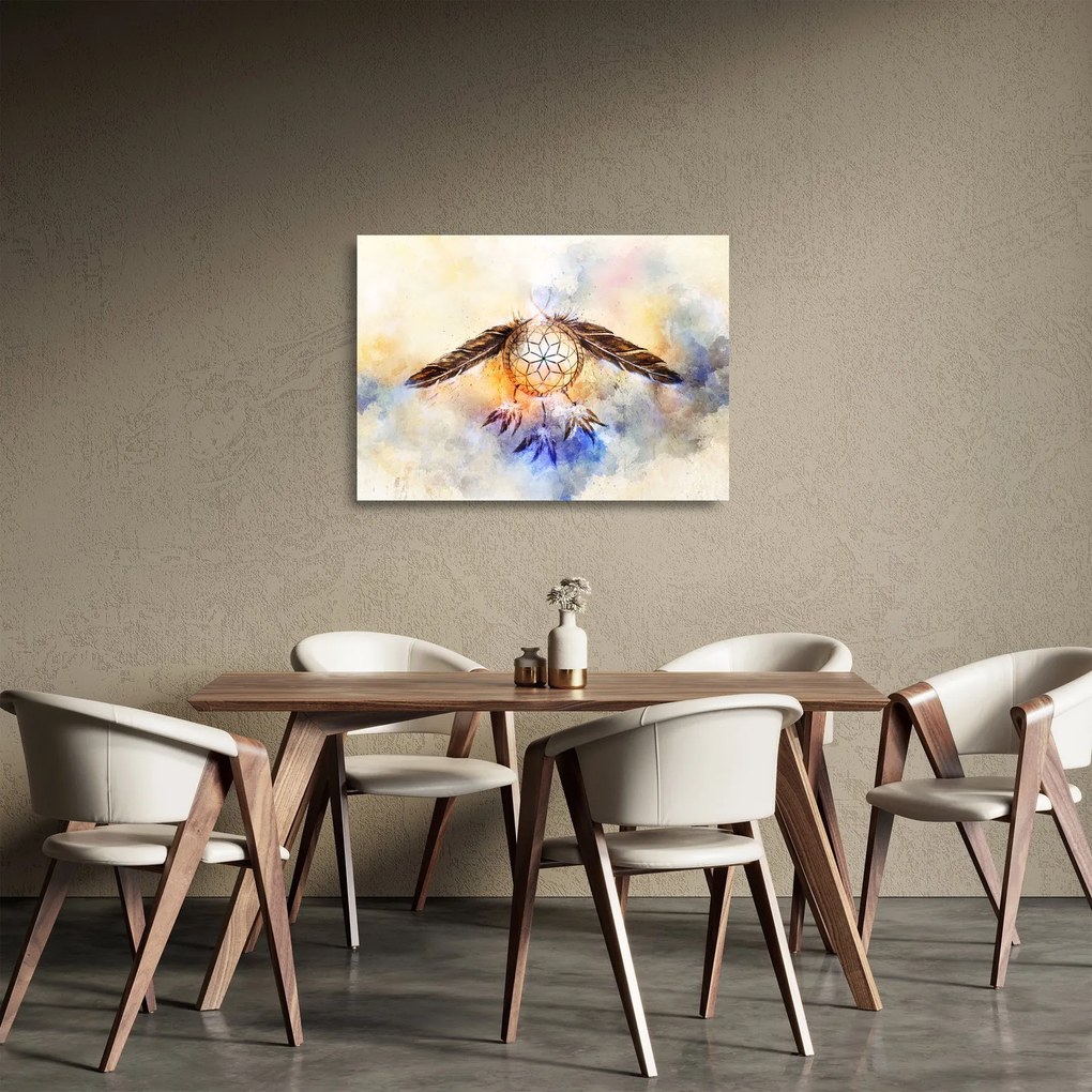 Tablou pe sticlă - Captator de vise cu pene (70x50 cm)