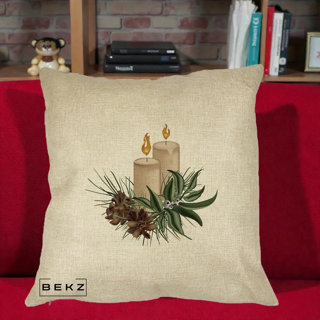 Perna Decorativa Lumanari cu Ilex si Conuri Ilustratie, 40x40 cm, Crem, Husa Detasabila, Perna Inclusa, BEKZ®