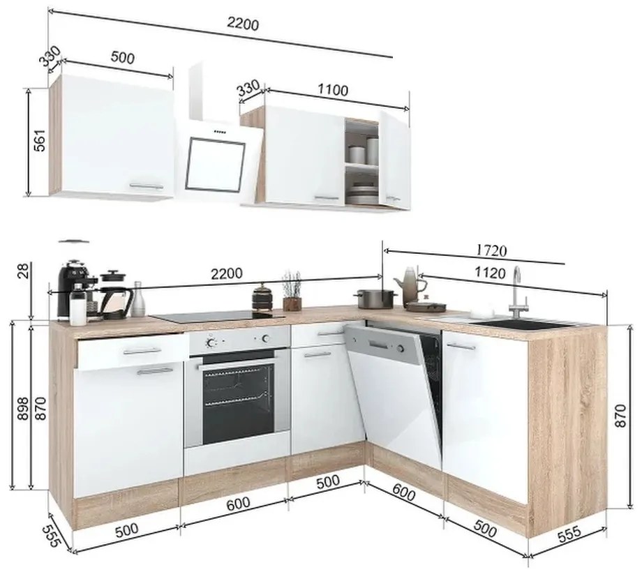 Mobilă de bucătărie de colț Yorki 220, corp din stejar Sonoma, față alb satinat cu element inferior al cuptorului