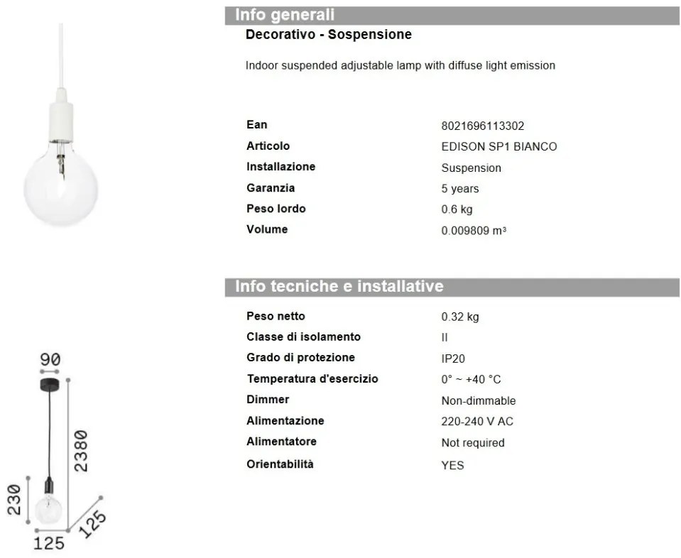 Pendul modern diametru 11cm EDISON SP1 BIANCO 113302