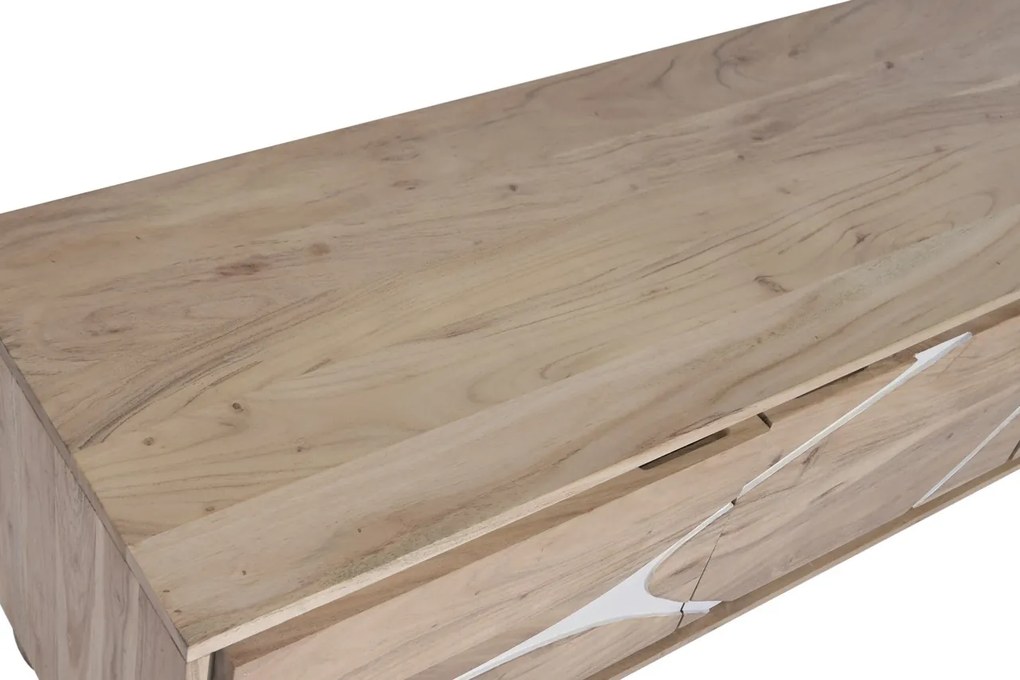 Comodă TV living din lemn de acacia, natur, cu 3 uși, decor alb și picioare sferice, 50 x 145 x 40 cm, „Alvera”