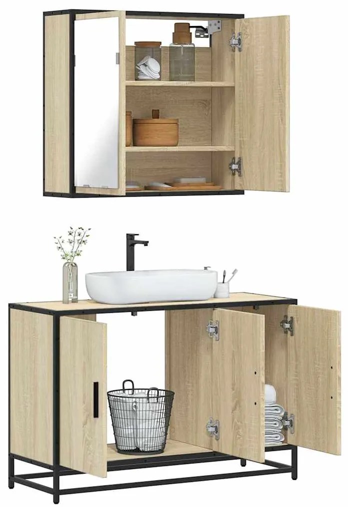 vidaXL Set mobilier de baie, 2 piese, stejar sonoma, lemn prelucrat