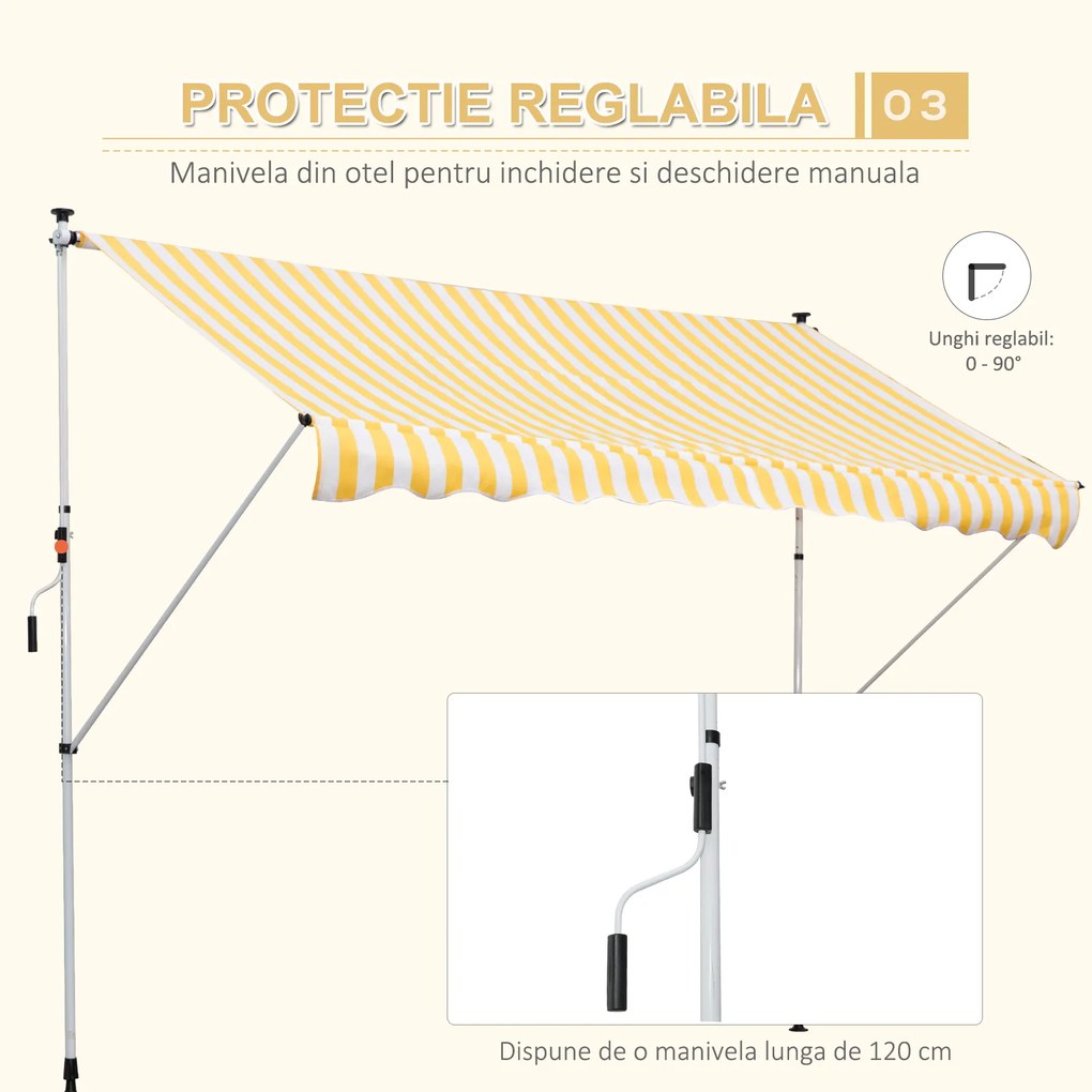 Outsunny Perdea Soare de Perete cu Stalp pentru Sprijin, Alb si Galben, 300x150cm