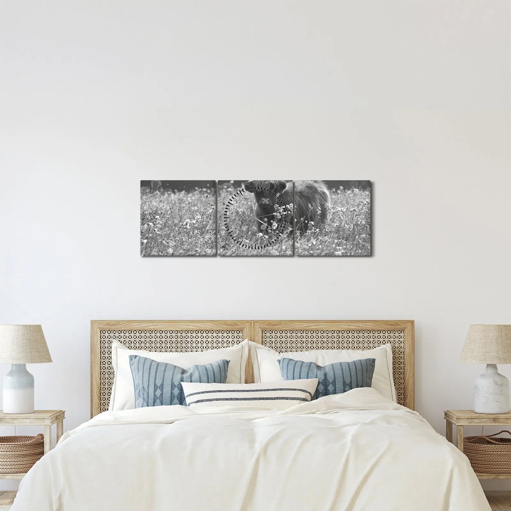 Tablou - Vacă scoțiană 5,alb-negru (cu ceas) (90x30 cm)