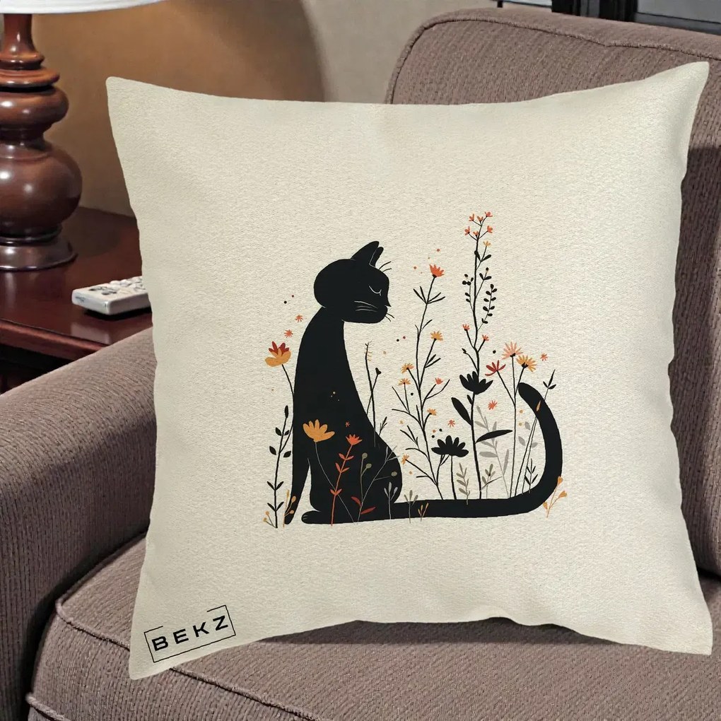 Perna Decorativa Pisica Neagra Flori Portocalii Silueta, 40x40 cm, Ecru, Husa Detasabila, Perna Inclusa, BEKZ®