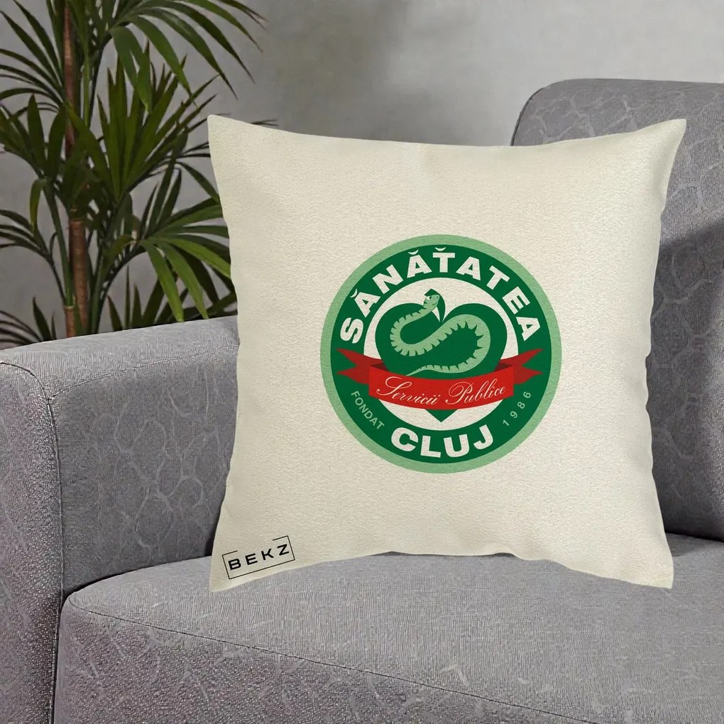 Perna Personalizata Sanatatea Cluj Servicii Publice 1986, 40x40 cm, Ecru, Husa Detasabila, Perna Inclusa, BEKZ®