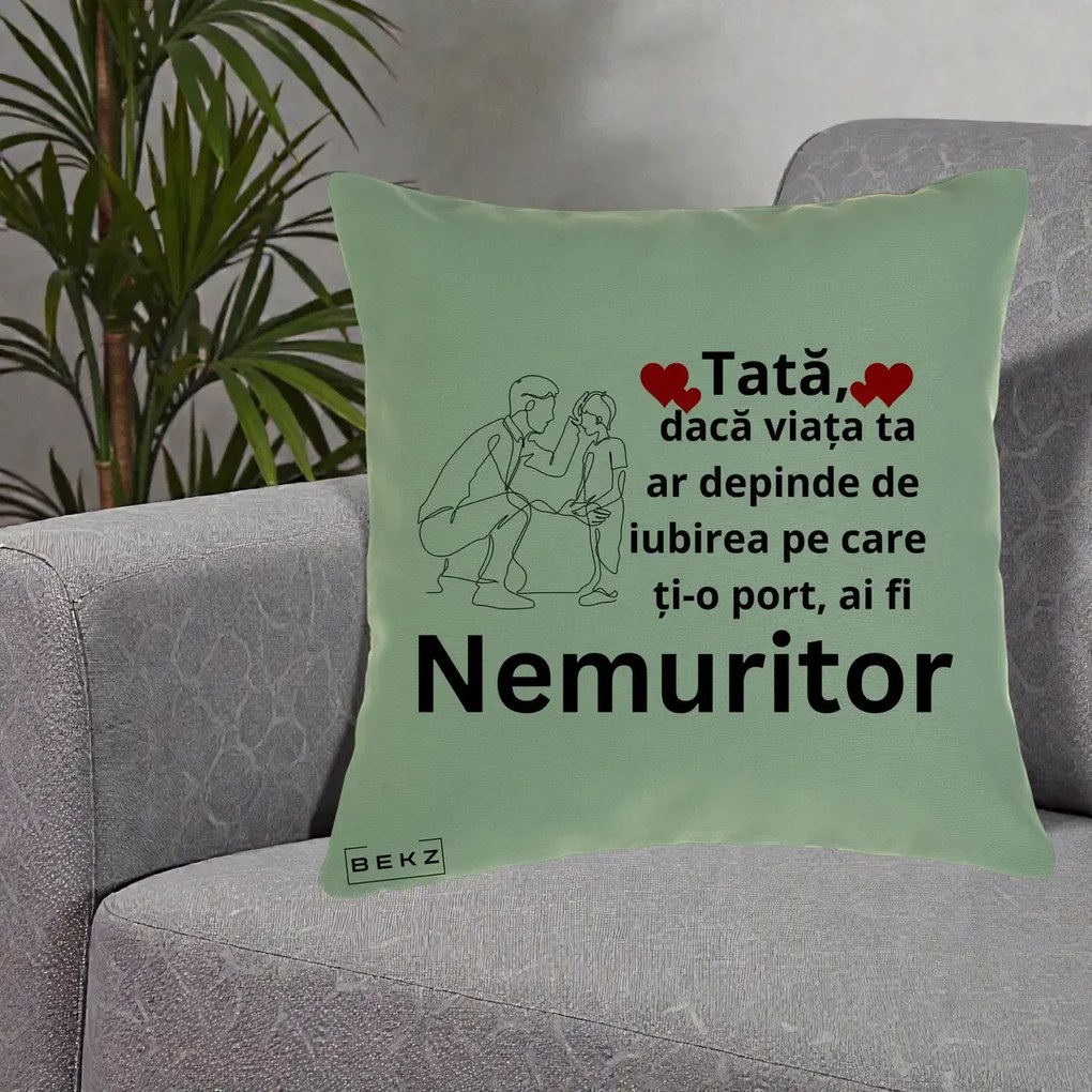 Cadou pentru Tata - Perna Personalizata Tata Nemuritor Baietel, 40x40 cm, Verde, Husa Detasabila, Perna Inclusa, BEKZ®