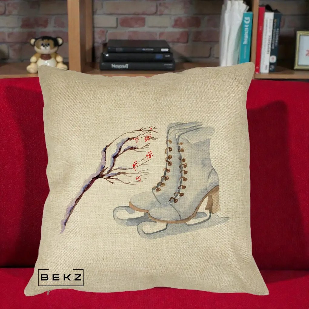 Perna Decorativa Patine cu Ramuri Inzapezite, 40x40 cm, Crem, Husa Detasabila, Perna Inclusa, BEKZ®