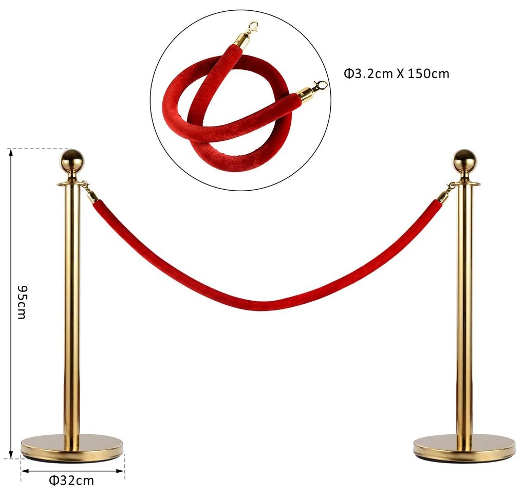 Separator de coloane format din 2 stalpi din otel inoxidabil si un cablu de flanela Ф32x95cm auriu, rosu HOMCOM | Aosom Romania