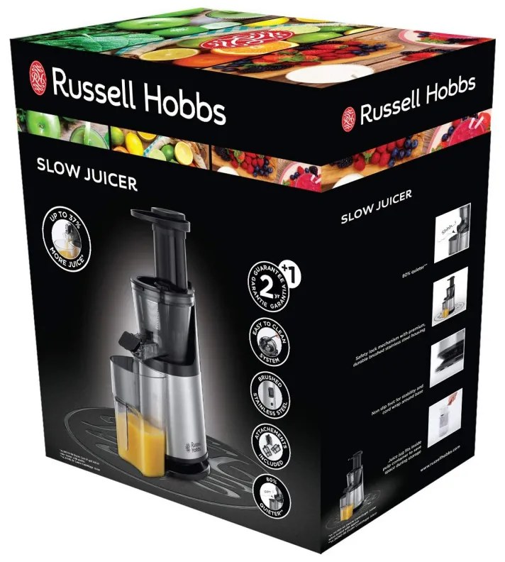 Storcator de fructe si legume Russell Hobbs 25170-56, 150 W, 3 site, 0.7 L,  Miscare inversa, Presare la rece, Inox/Negru