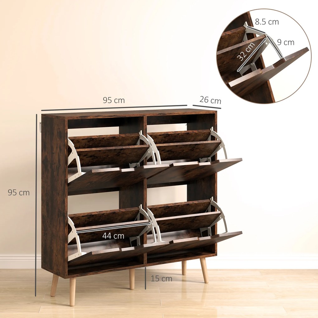 HOMCOM Pantofar cu 4 Sertare Rabatabile pe 2 Niveluri pentru 16 Perechi de Pantofi, 95x26x95 cm, Maro | Aosom Romania