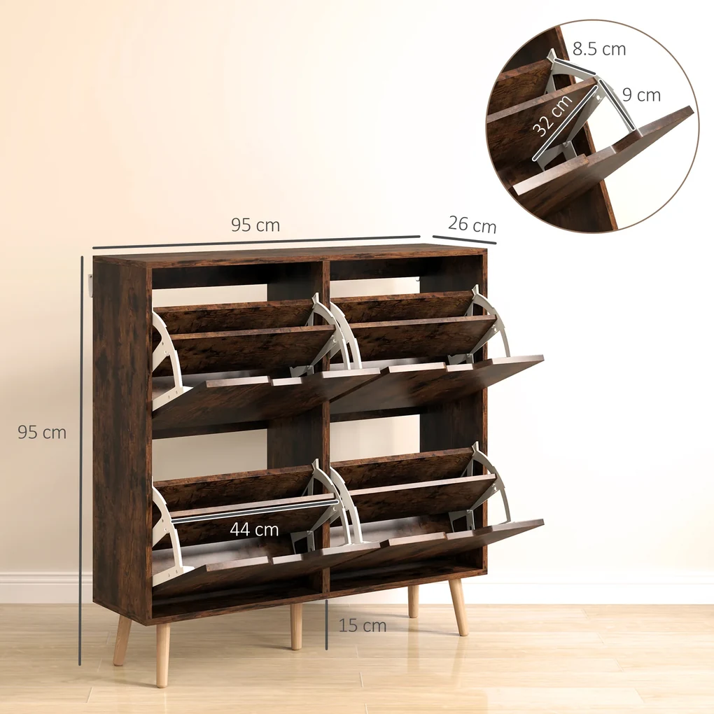 HOMCOM Pantofar cu 4 Sertare Rabatabile pe 2 Niveluri pentru 16 Perechi de Pantofi, 95x26x95 cm, Maro | Aosom Romania