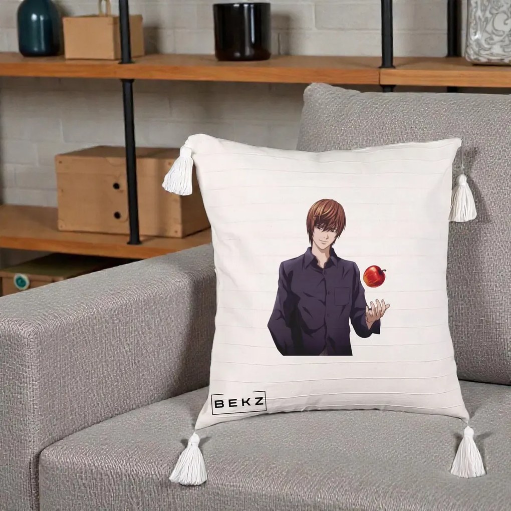 Perna Personalizata Death Note Light Yagami cu Mar, 40x40 cm, Bej cu Franjuri, Husa Detasabila, Perna Inclusa, BEKZ®