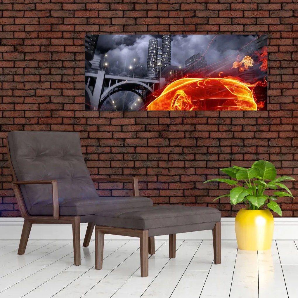Tablou cu mașina în flăcărată (120x50 cm)