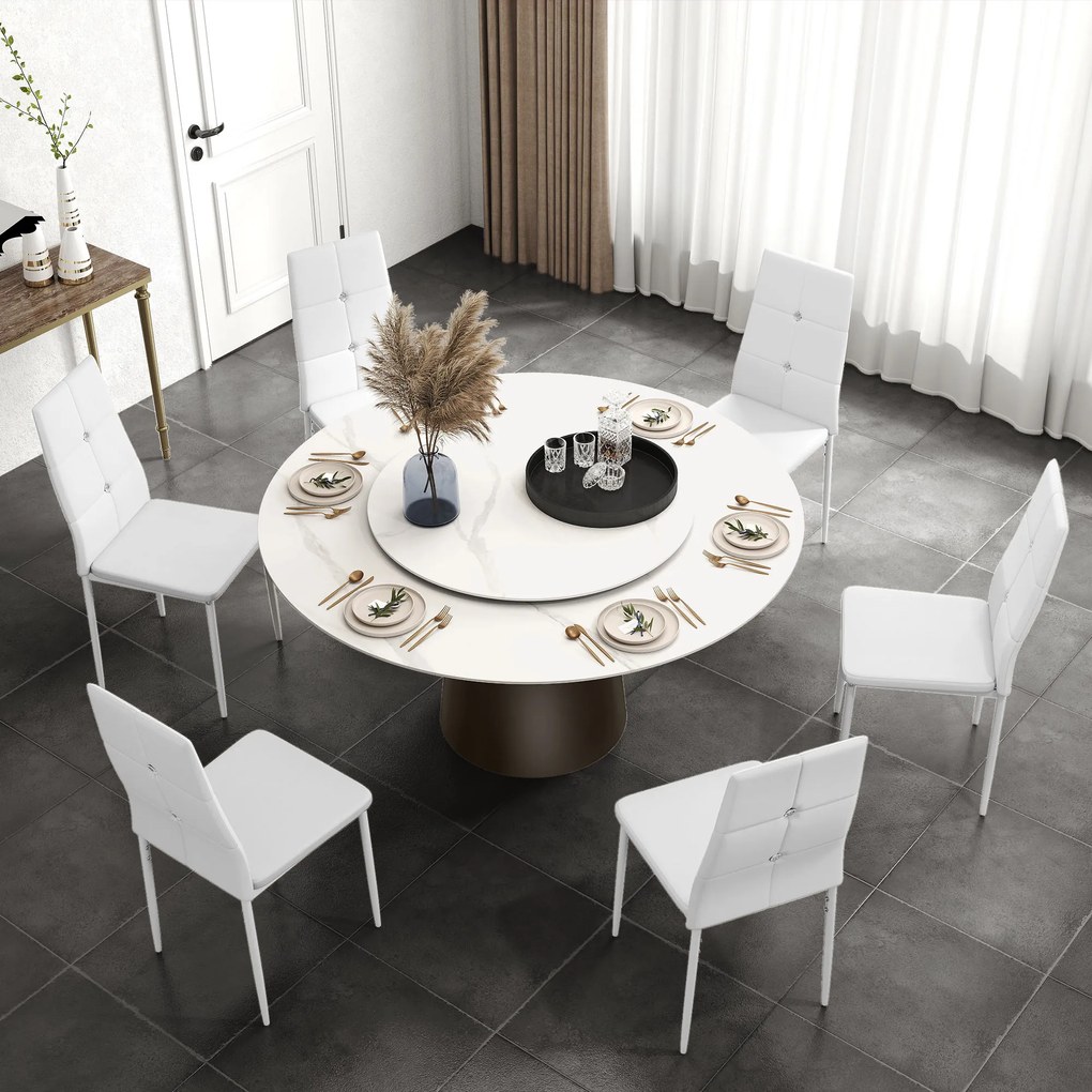 HOMCOM Set de 6 Scaune de Dining Tapizate în PU cu Spătar Înalt cu Butoane și Picioroare de Oțel Design Modern Alb | Aosom Romania