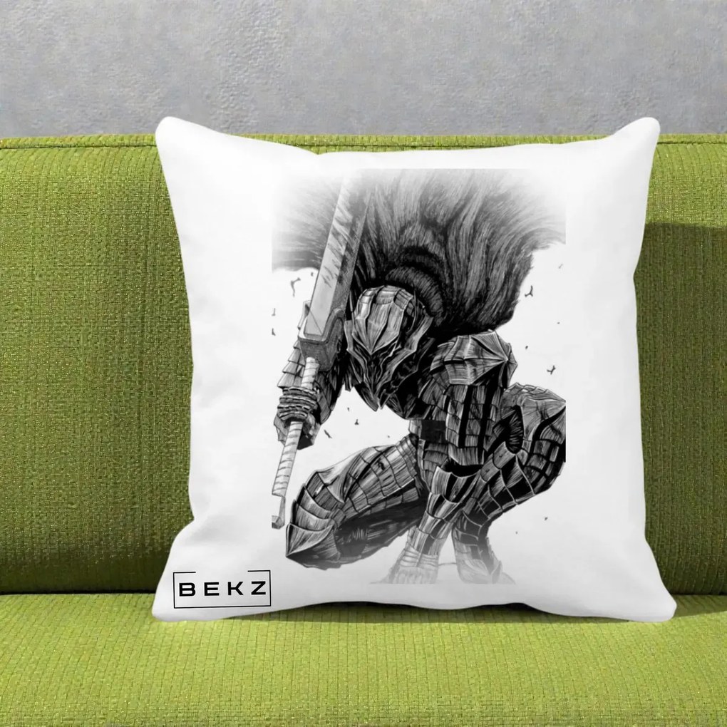 Perna Personalizata Berserk Guts Armor of Darkness Manga, 40x40 cm, Alba Mata, Husa Detasabila, Perna Inclusa, BEKZ®