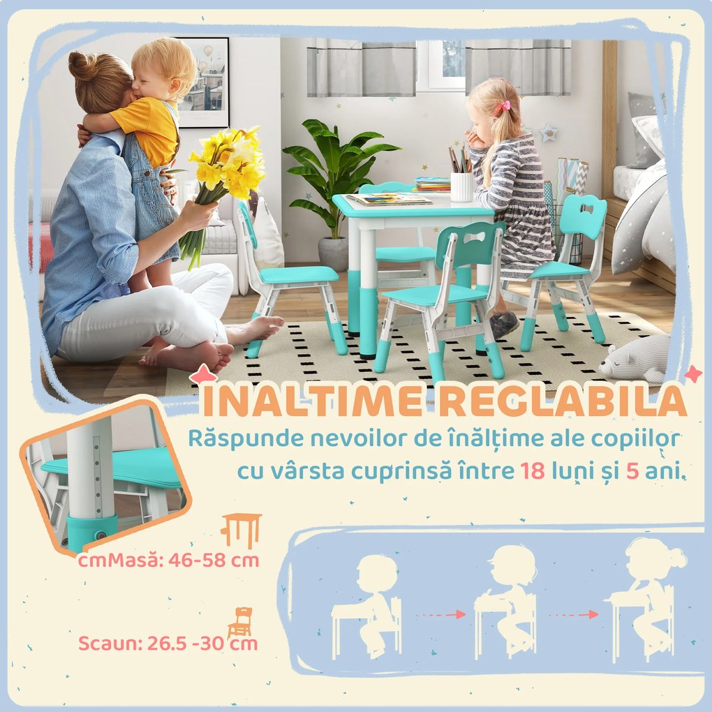 AIYAPLAY Set Măsuță și Scaune pentru Copii 18-60 Luni cu Înălțime Reglabilă și Tablă de Scris, 60x60x46-58 cm, Verde | Aosom Romania
