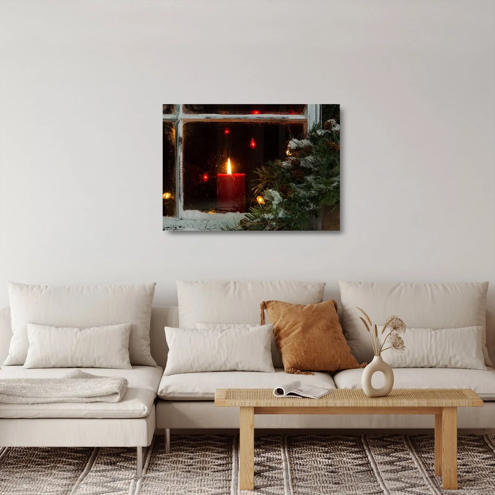 Tablou pe sticlă - Lumânare strălucitoare de Crăciun (70x50 cm)
