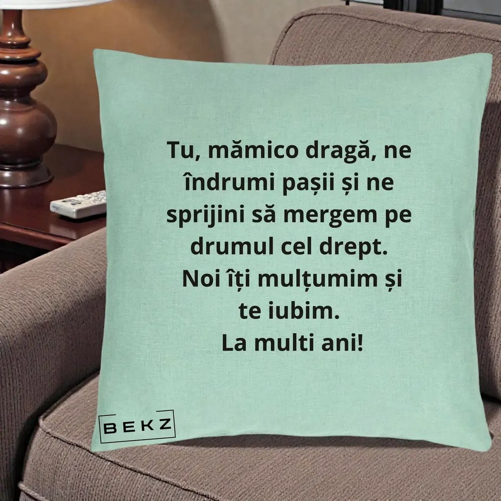 Cadou pentru Mama - Perna Personalizata Mamico Draga Te Iubim La Multi Ani cu Text Negru, 40x40 cm, Verde Menta, Husa Detasabila, Perna Inclusa, BEKZ®