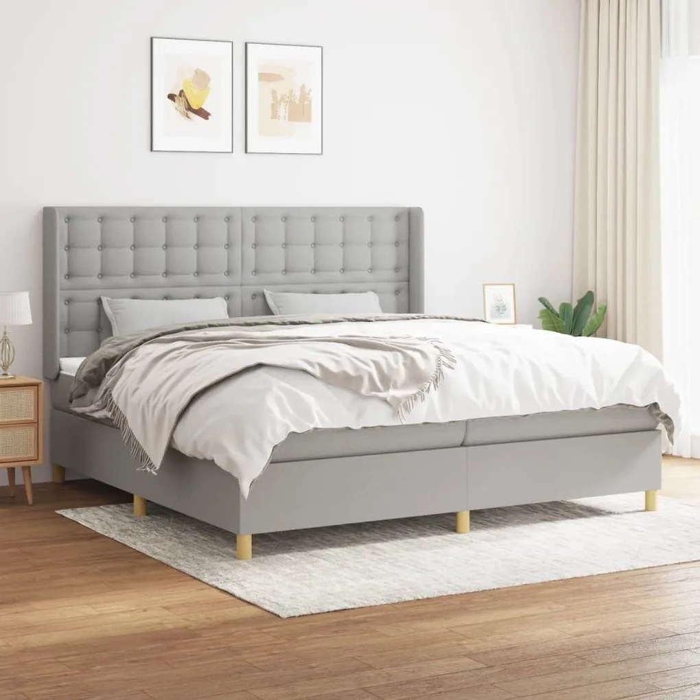 vidaXL Pat box spring cu saltea, gri deschis, 200x200 cm, textil