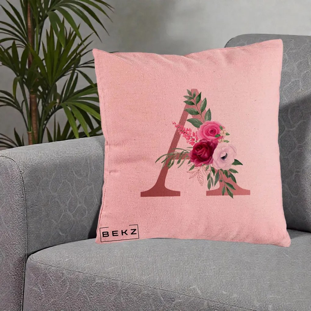 Cadou Personalizat - Perna Personalizata Monograma Rose Gold Litera A, 40x40 cm, Roz, Husa Detasabila, Perna Inclusa, BEKZ®