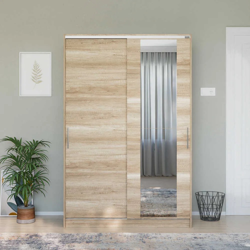 Dulap Haine Adore Elit Mediu , 2 usi glisante cu oglinda, Alb - Lemn Natural, 120 x 182 x 52 cm