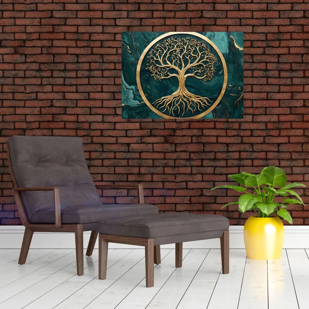 Tablou pe sticlă – Arborele vieții auriu în marmură (70x50 cm)