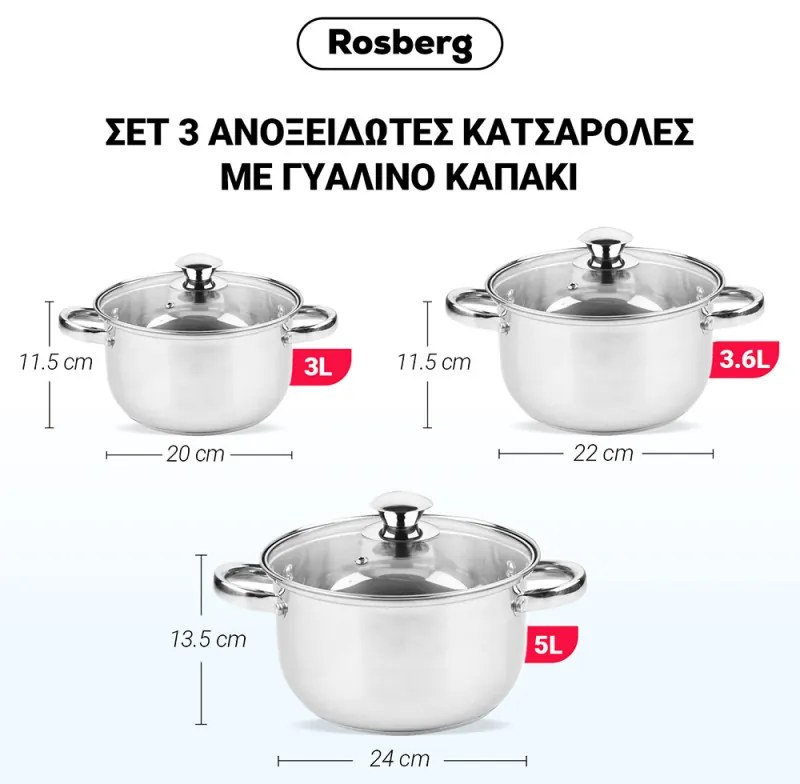 Resigilat: Set oale Rosberg R51210O6, 6 piese, 3-5 L, Capac din stica, Inox